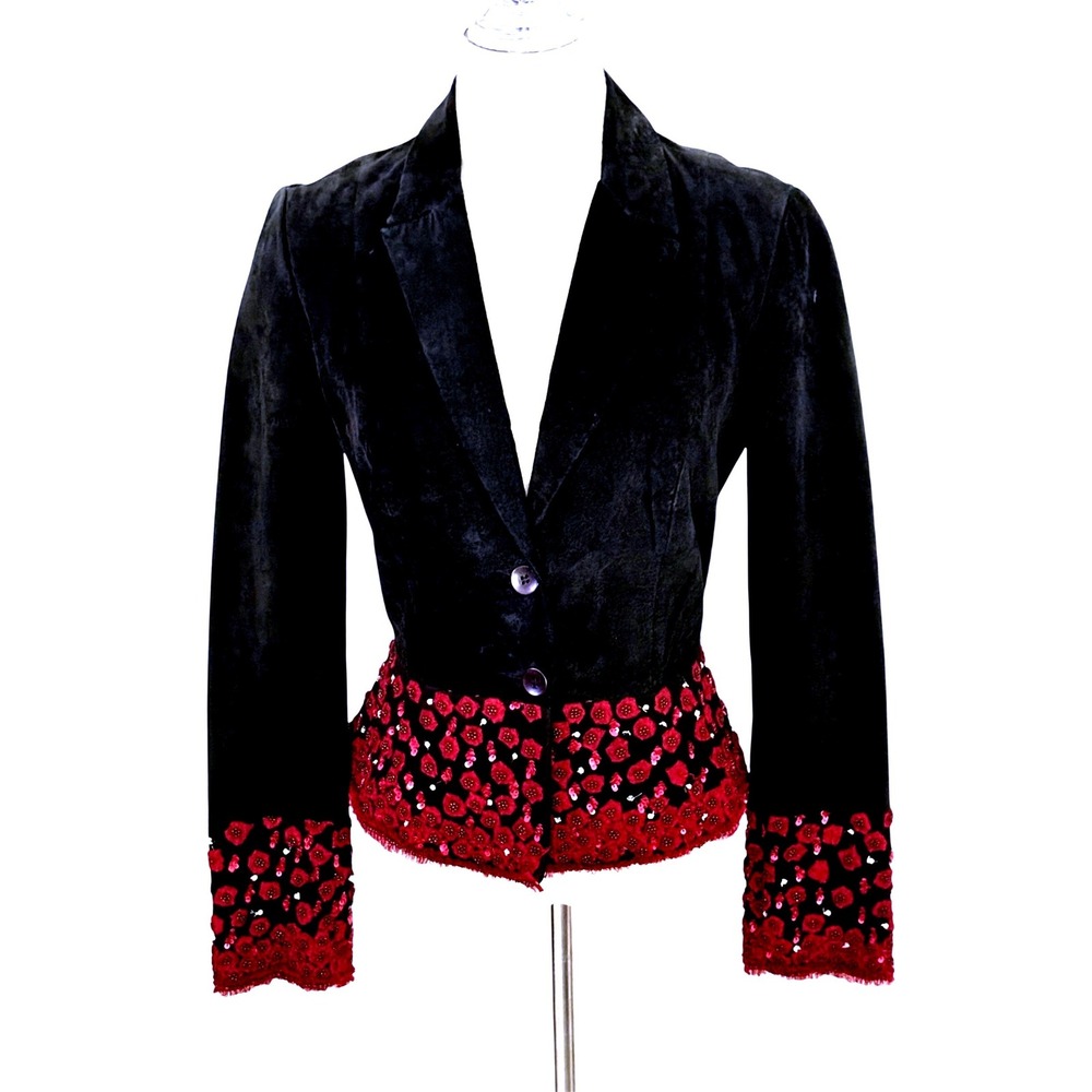 Vintage Betsey Johnson Black Suede Leather Embellished Sequin Floral Blazer Sm